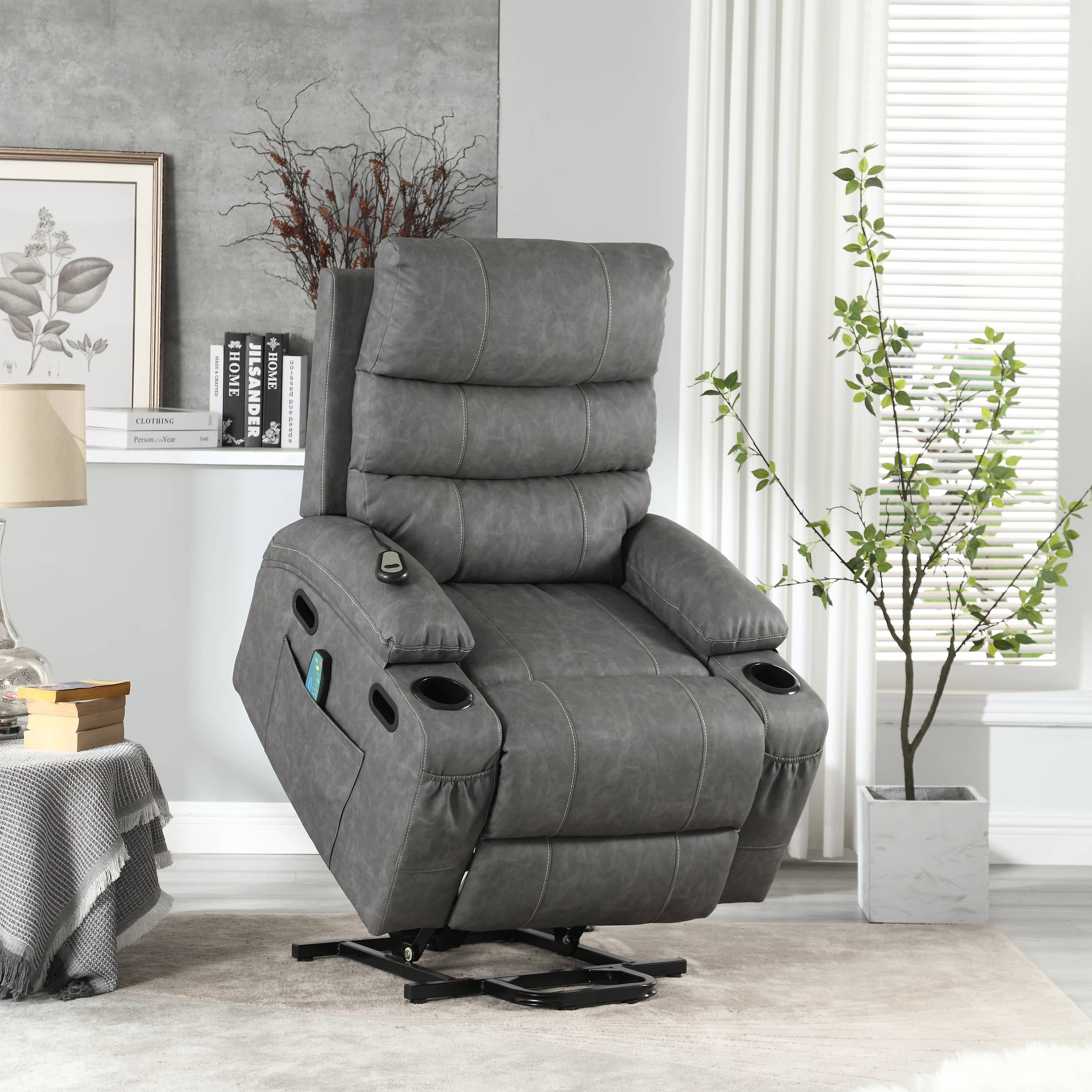 Overstuffed Large Power Lift Recliner with Massage and Heat, Gray