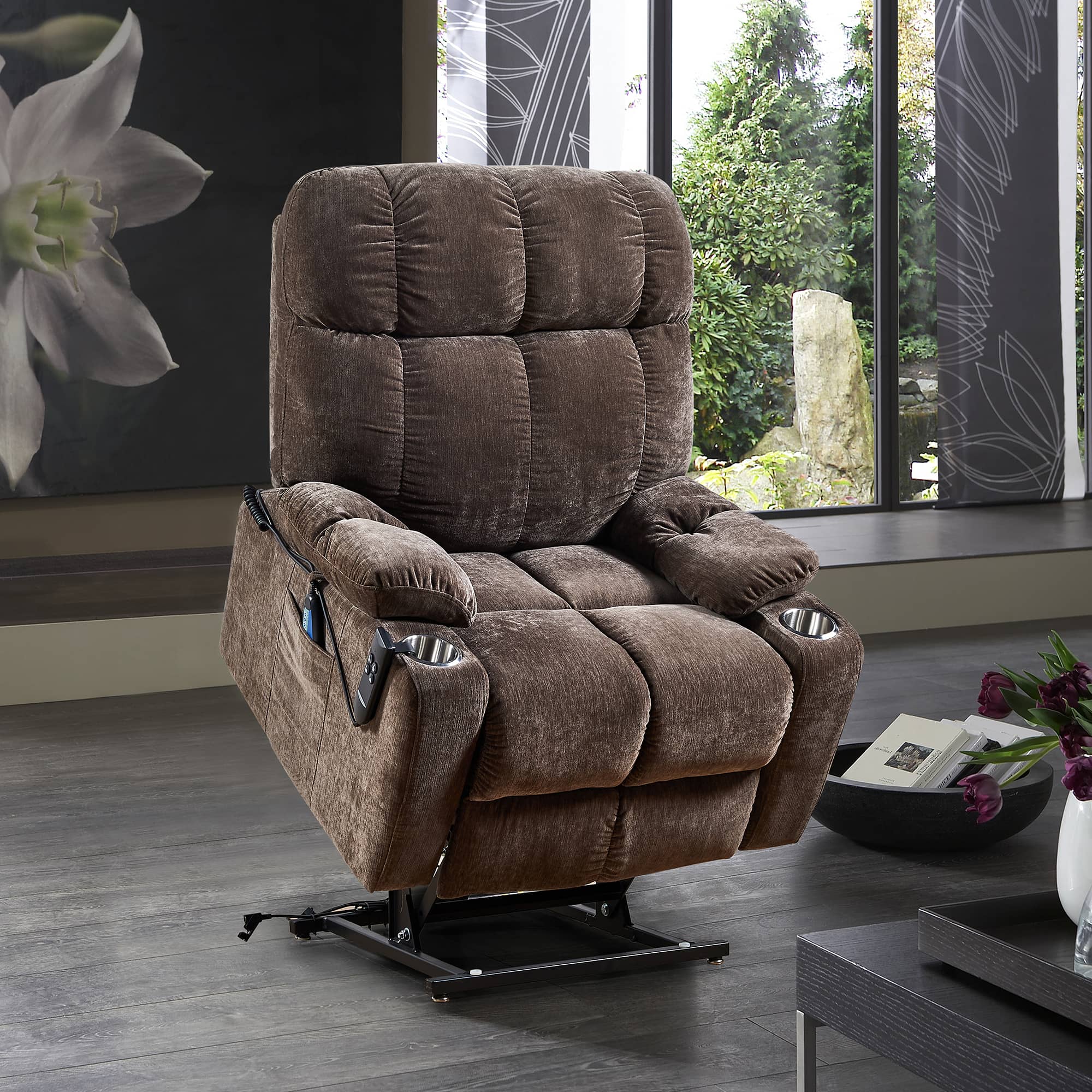 Infinite Position Lay Flat Power Lift Recliner Chair with Heat and Massage, Brown