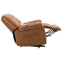 Light Brown Power Lift Chair Right Profile Head and Foot Rest Extended