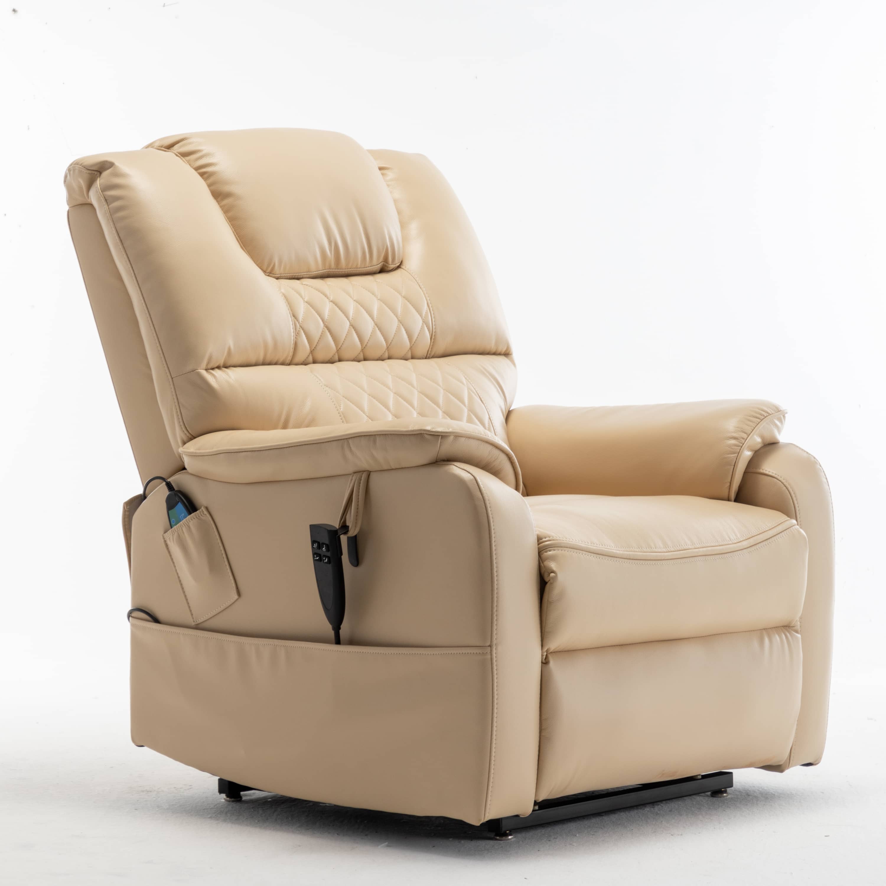 xtra Wide Lay Flat Power Lift Chair Recliner, Beige, angle side view seated